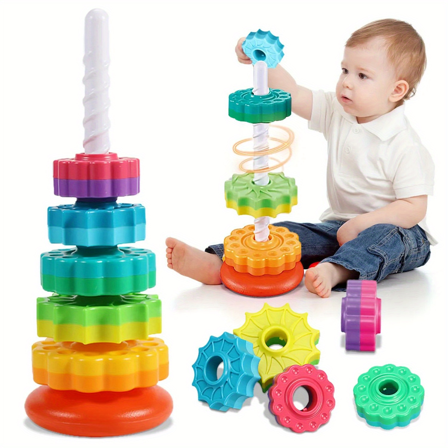 Toddler Learning Tower - Mainan Puzzle Menara Pelangi Berputar &